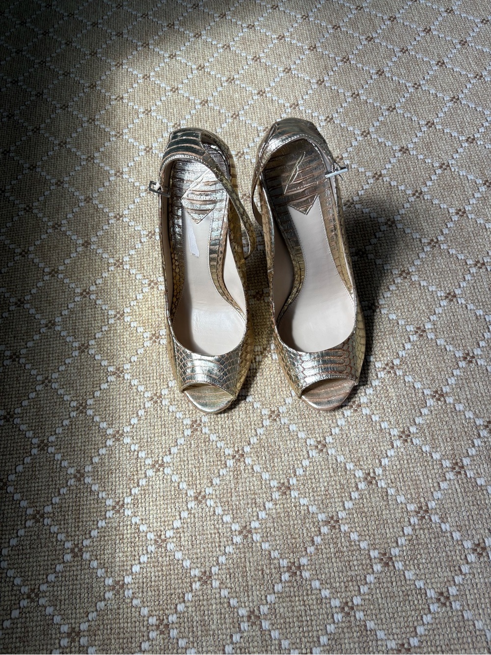 Brian Atwood Metallic Gold Peep-Toe Slingback Heels